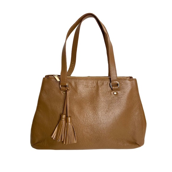Trent Nathan Handbags - NEW Trent Nathan Pebbled Leather Satchel Tan Taupe Hanging Tassels Classic